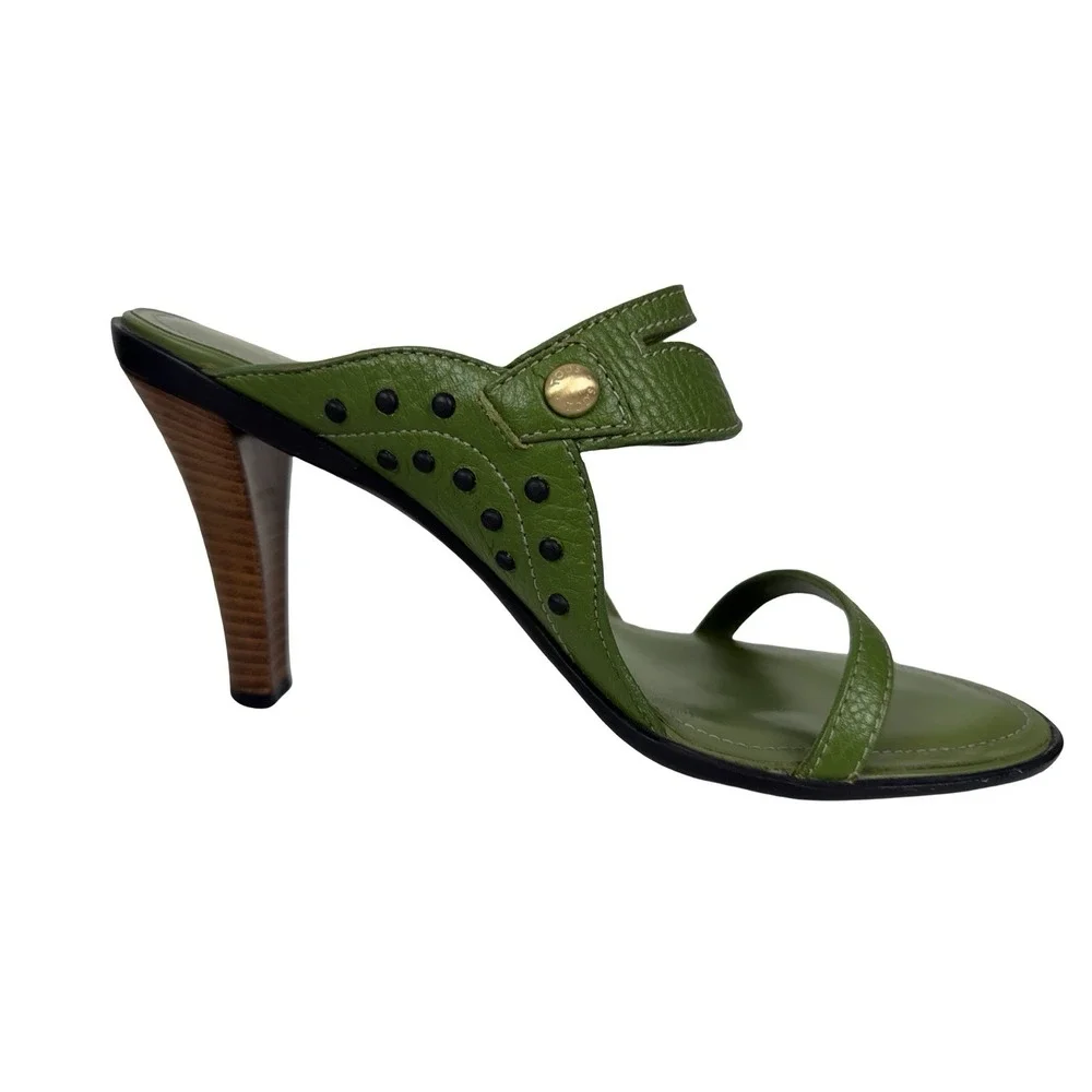 Tod's Womens EU 40.5 US 10.5 Studded High Heel Sandals Green Leather Casual